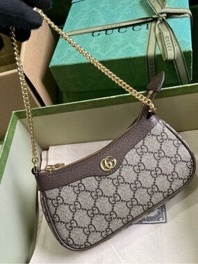 Gucci 'Ophidia' Brown Mini Textured Leather-Trimmed Printed Coated-Canvas